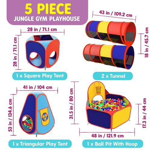 Playz 5pc Kids Play Tent Jungle Gym, Ball Pit, Pop Up Tents & Kids Play Tunnel for Toddlers, Babies, and Kids Indoor & Outdoor Playhouse Bundle with Dartboard and 5 Sticky Balls, Gift for Boys & Girls