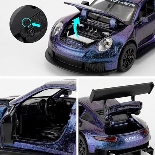 Image of 1:32 Porsche 911 GT3 RS Diecast Model Pull Back Toy Car with Sound & Light Openable Doors Miniature Racing Car for Kids & Collectors Gift for Boys & Adults (Purple)