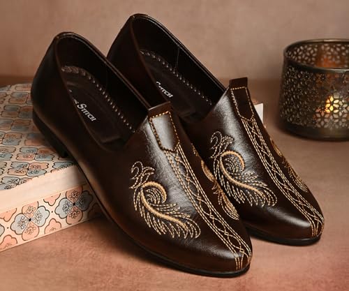 Image of LOUIS STITCH Men's Ethnic Slip On Embroidery Stitch Mojaris | Stylish Nagra Juti for Men | Lightweight and Comfortable Stylish Embroidery Jutis and Mojaris for Kurta Pajama | LSAXNGEDST