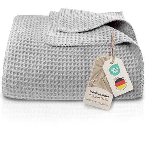 LAYNENBURG Premium Waffelpique Baumwolldecke 220x240 cm - Oeko-TEX 100 - Baumwollmix Kuscheldecke - Decke als Wohndecke, Sofa-Decke und Couchdecke - Wolldecke kuschelig-warm aus Baumwolle (grau)