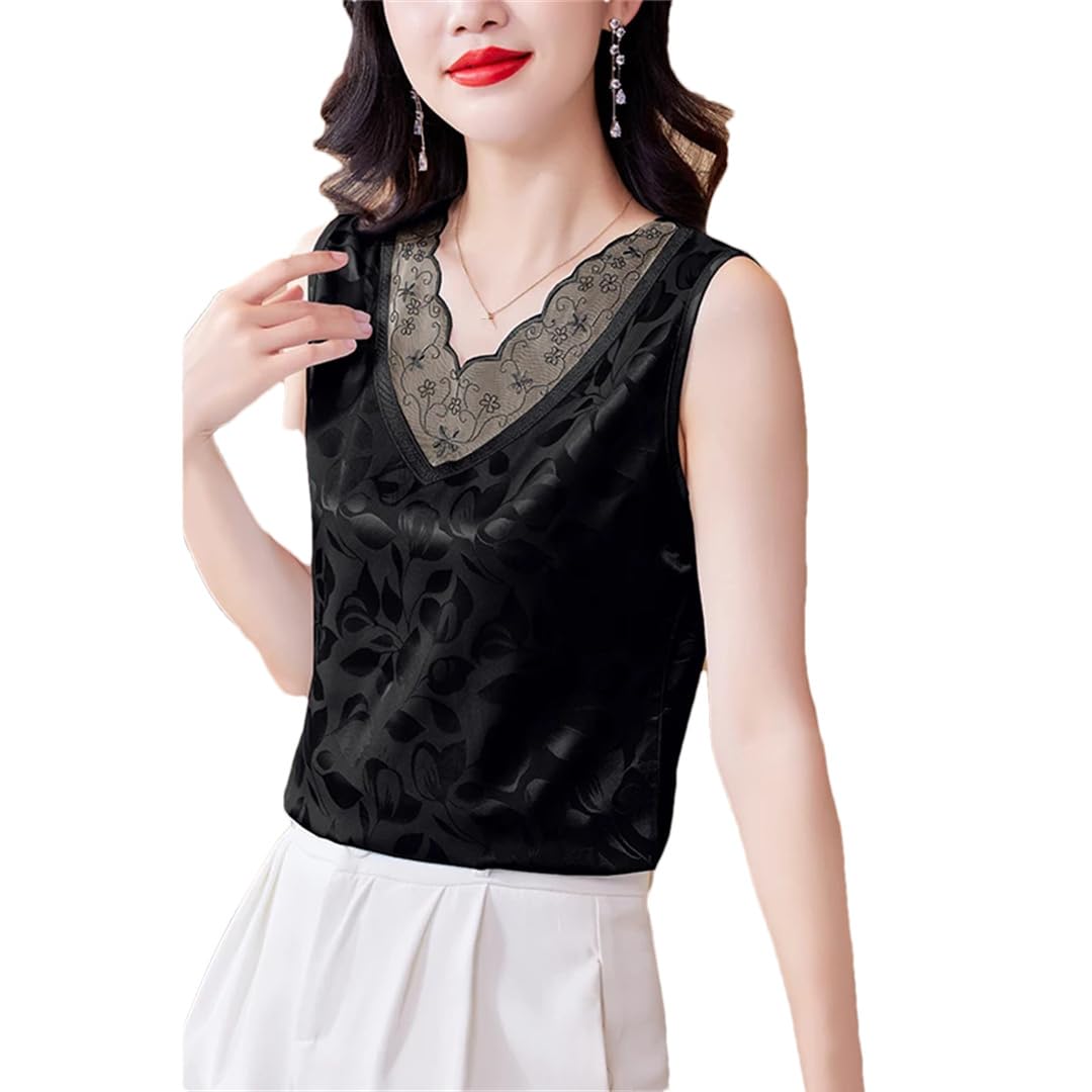 Débardeur en satin jacquard pour femme Printemps Été Dentelle Camisole Col en V