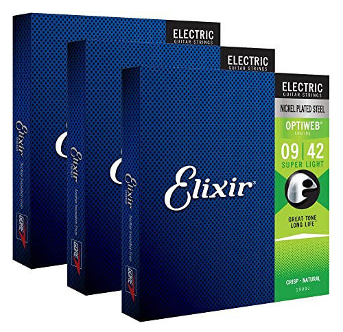 Elixir Electric Optiweb Super Light 009-042 Lot de 3 cordes pour guitare électrique avec revêtement en nickel - Les Beatles, Paul McCartney, John Lennon, RIngo Starr, George Harrison Elixir Electric Optiweb Super Light 009-042 Lot de 3 cordes pour guitare électrique avec revêtement en nickel