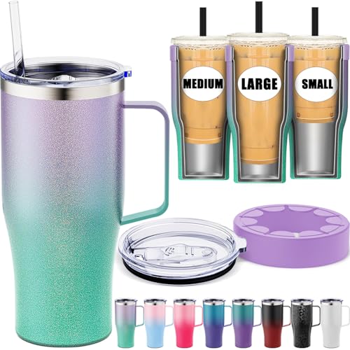 Trinkbecher mit Griff und Deckel, Trinkhalm, isoliert, Edelstahl, wiederverwendbar, Eiskaffee, Tassen-Isolator für kalte Getränke, klein, mittel, groß, Dunkin, Donuts, Starbucks, Dutch Bros (Glitzer)