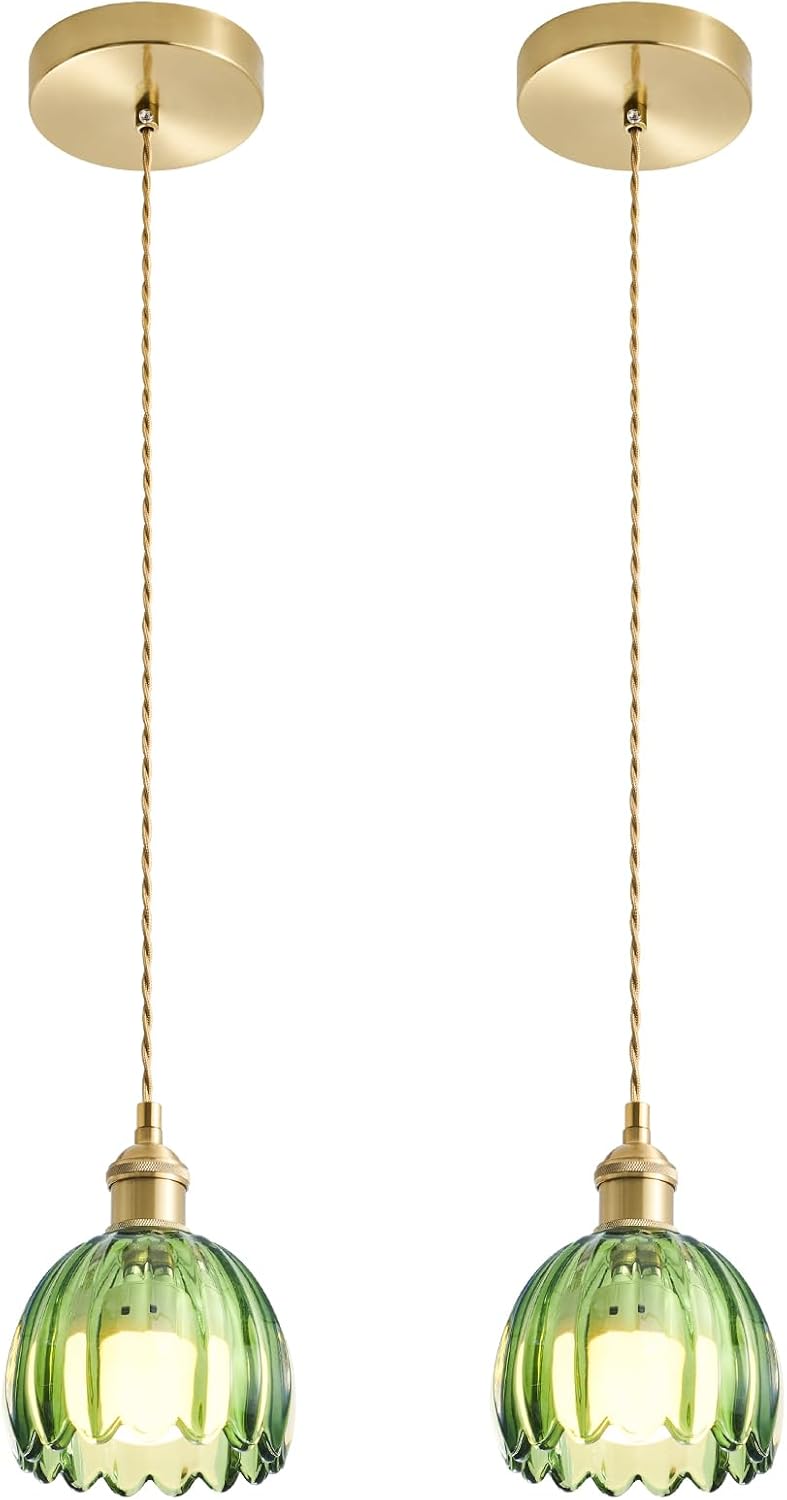 Battery Operated Mini Pendant Light Kitchen Island 2 Pack,Wireless Pendant Lights with Green Tulip Glass shade,Remote & 12-Color RGB,Rechargeable Adjustable Hanging Lamp for Bedroom Living Dining Room