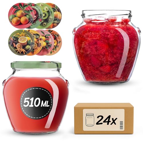 KADAX Barattoli per conserve da 580 ml con tappo a vite fi82 mm, vasetti a vite con coperchio, vasetti per miele, frutta e verdura, vasetti per marmellata (frutta esotica, 24 pezzi)