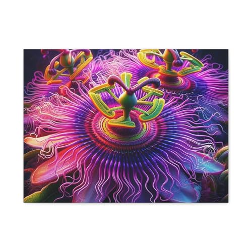 Vividly Colorful Passionflowers with Purple Filaments and Glowing Centers - 24 * 18 Inch Matte Canvas Wall Art - Made in USA