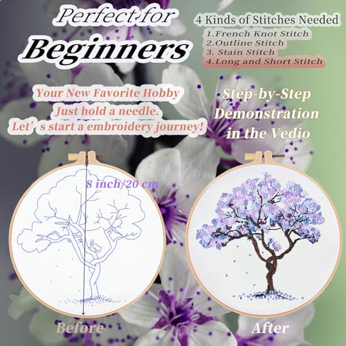 Image of FONNUY Crewel Embroidery Kit for Beginners, Seasonal Tree Pre-Stamped Pattern Kits for Adults with Hoop, Easy to Follow Color Thread Needlework, 8'' (Purple)