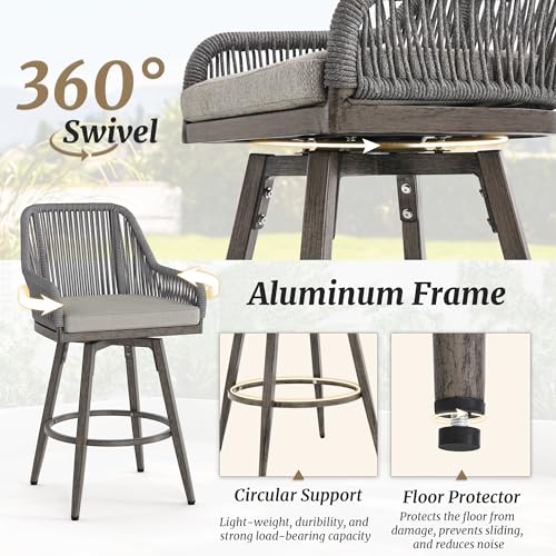 Image of Cozyman Outdoor Bar Stools Set of 2, 360 Swivel Aluminum Rattan Bar Stool with Olefin Rope Curved Backrest and Armrest, Modern BarStools with Removable Cushion for Patio, Garden, Kitchen, Grey