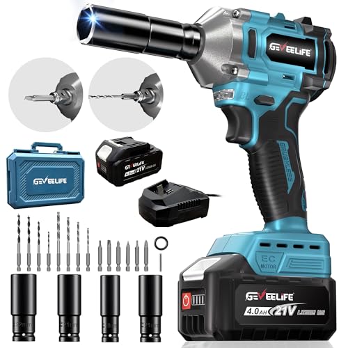 GEVEELIFE 450N.m/332Ft-lbs Brushless Impact Wrench,1/2″ Cordless Impact Gun with 4.0Ah Battery & 6 Sockets, Electric Impact Driver for Car/DIY Furniture/Lawn Mower/blue (450N)
