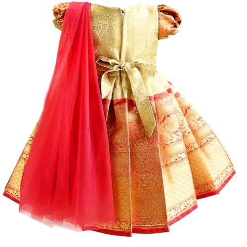 Image of Stanwells Kids Gold & Peach Banarasi Silk Saree Frock for Baby Girls - Traditional Ethnic Dress for Birthday (6 Months-7 Years)