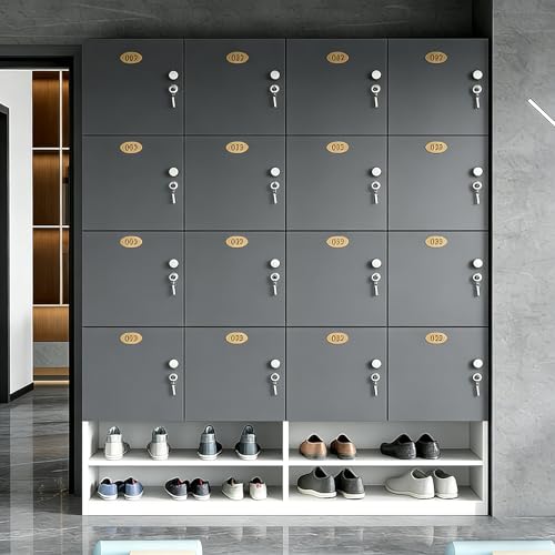 Fshineleaf Employee Lockers, Commercial Storage Locker Cabinet with Lock & Shoe Storage, Modern Wooden Locker for Office, Gym & Changing Room - Gray 16-Door - L62.9*W15.7*H78.7in