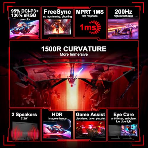 undefined SANSUI 27 Inch Curved Gaming Monitor 200Hz 180Hz 1ms with Speakers FHD 1080P Computer Monitor FreeSync|1500R|130% sRGB|HDR|Low Blue Light|HDMI DP Ports|VESA Mount|Metal Stand(HDMI Cable Incl.) の商品画像 1