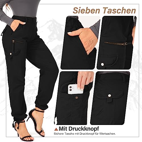 yeyity Cargohose Damen Hosen Multi Taschen Wanderhose Outdoorhose Baumwolle Arbeitshose Jogginghose Relaxed-Fit Trekkinghose Militär Hose Streetwear(Black,2087,40)