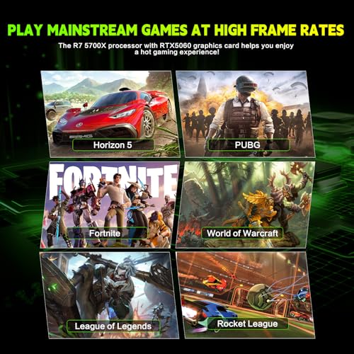 Gaming PC Desktop,Prebuilt Gaming Computer with,AMD Ryzen 7 5700X 3.4GHz,RTX5060 8GB GDDR7 DLSS4,32GB DDR4 RAM 3200MHz,1TB NVME SSD,ARGB Cooling Fan,Supply WiFi Support