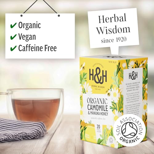 Heath & Heather - Organic Camomile with Manuka Honey • Soothing Floral Tea with Natural Sweetness • Caffeine-Free • Vegan • Multipack 6 x 20 Boxes (120 Tea Bags)