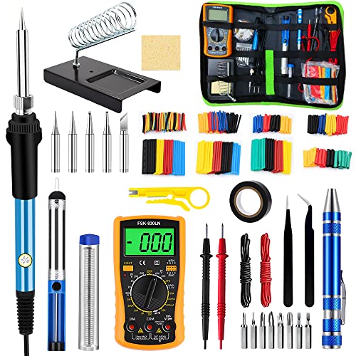 Soldering Iron Kit, 60W/110V Adjustable Temperature Soldering Iron with Digital Multimeter, Stand, 5pcs Soldering Tips, Desoldering Pump, Tweezers, Heatshrink Tubes - Winsall Portable Electronics Kit
