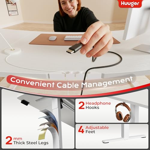 Image of Huuger 71 X 30 Inch Electric Standing Desk with Power Outlets and USB-C Port, Height Adjustable Desk, Sit Stand Desk for Home Office, Computer & Gaming Desk with 4 Presets, Stable Steel Frame, White