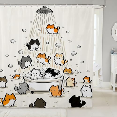 Image of Feelyou Cat Shower Curtain for Bathroom Decor Cute Bath Curtain for Stalls Bathtubs Funny Cat Lover Bathroom Accessories Cartoon Animal Waterproof Polyester Fabric with 12 Hooks 72 inchx72 inch