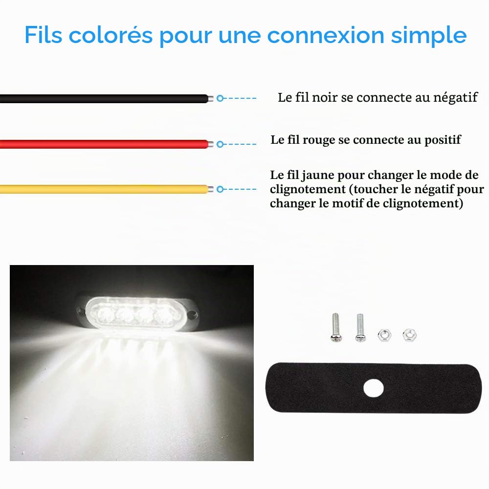 4pcs 12-24V Ultra Mince Voyant Barre D'alarme Stroboscopique d'urgence Lampe- 4 LEDS Bande lumineuse D'avertissement de Flash Camion Moto Voiture - Blanc