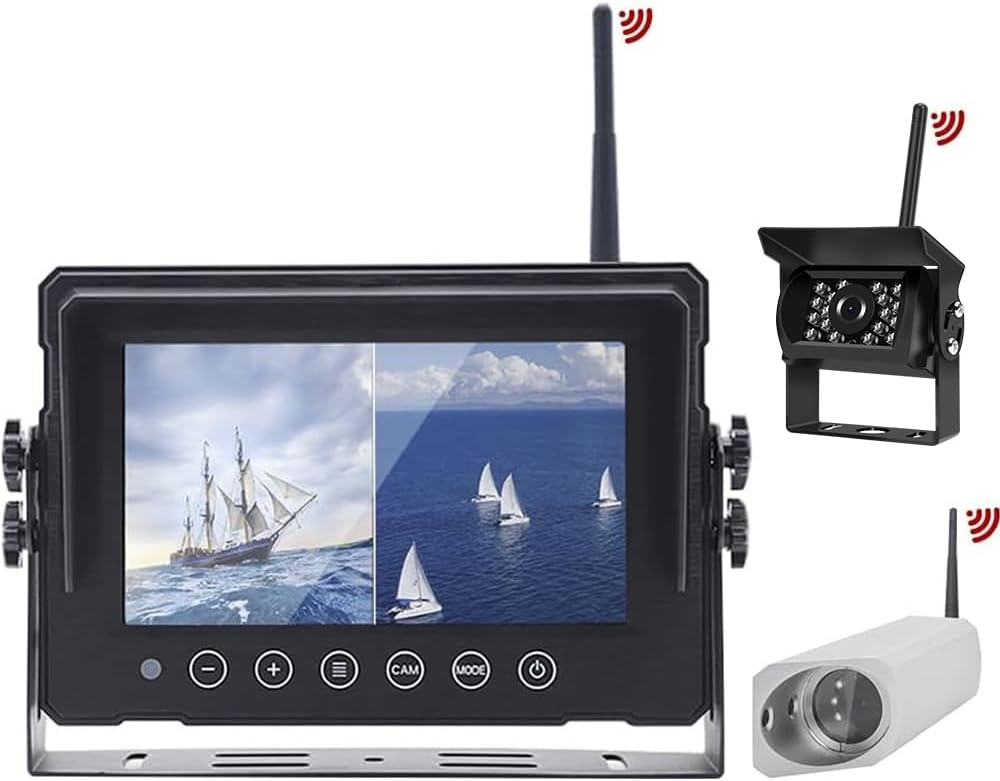 Digital Wireless 7″ Monitor Forklift Front View Camera Magnetic 9600mA Battery, 1080P Rear View Camera