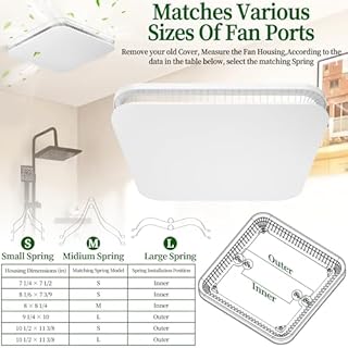 FG701S Universal Update Bathroom Fan Cover with Springs Compatible with Bro-an-NuT-one Small/Medium/Large Size Vent fans,Bathroom Ceiling Square Fan Cover Replacement (White) 13.25" x 13.25" x 1.3"