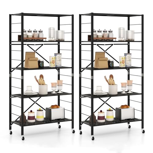 Giantex 5-Tier Folding Bookshelf with Wheels, Black Metal Shelves, 60