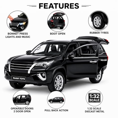 Image of Fortuner 1:32 Scale Die-Cast Pull Back Metal SUV Car | Openable Doors, Boot, Light & Musical Toy for Boys | Realistic Design with Smooth Action Premium Toy Car for Kids (Black)