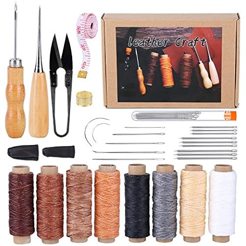 31 Pcs Leather Sewing Kit, Leather Repair Kit, Leather Stitching Kit with 8 Color Waxed Thread (A Total of 440 Yards), Sewing Awl, Large Eye Leather Stitching Needles for Beginner Cover