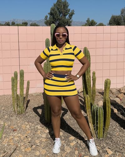 Image of HBQ Women's Casual 2 Piece Skirt Sets Polo Collar Crop Top Striped Mini Dress Summer Vacation-Stripe