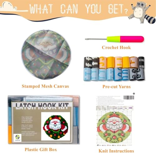Image of Latch Hook Kits for Adults - DIY Latch Hook Rug Kits, Crochet Kit for Beginners, Rug Making Kits with Printed Canvas, Gift Packaging. (Father Christmas, 20x20 inch)