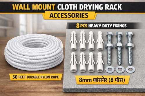 Image of Clothes Drying Stand Wall Mounted /Cloth Dryer Stand /Clothes Hanger for Drying Clothes Foldable for Home Or Balcony with 50 Feet Rope and Fasteners Set (Metal-White L Shape)