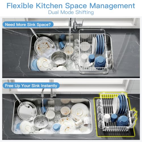 Image of JASIWAY White Dish Drying Rack in Sink with Mat, Cups and Utensil Holder