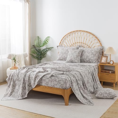 Image of FADFAY Rose Sheets Set Queen Vintage Curry Floral Bedding Shabby Farmhouse Bedding Super Soft Washed Double -Layer Muslin Sheets Luxury 100% Cotton Breathable Deep Pocket Fitted Sheet 4Pc, Queen Size