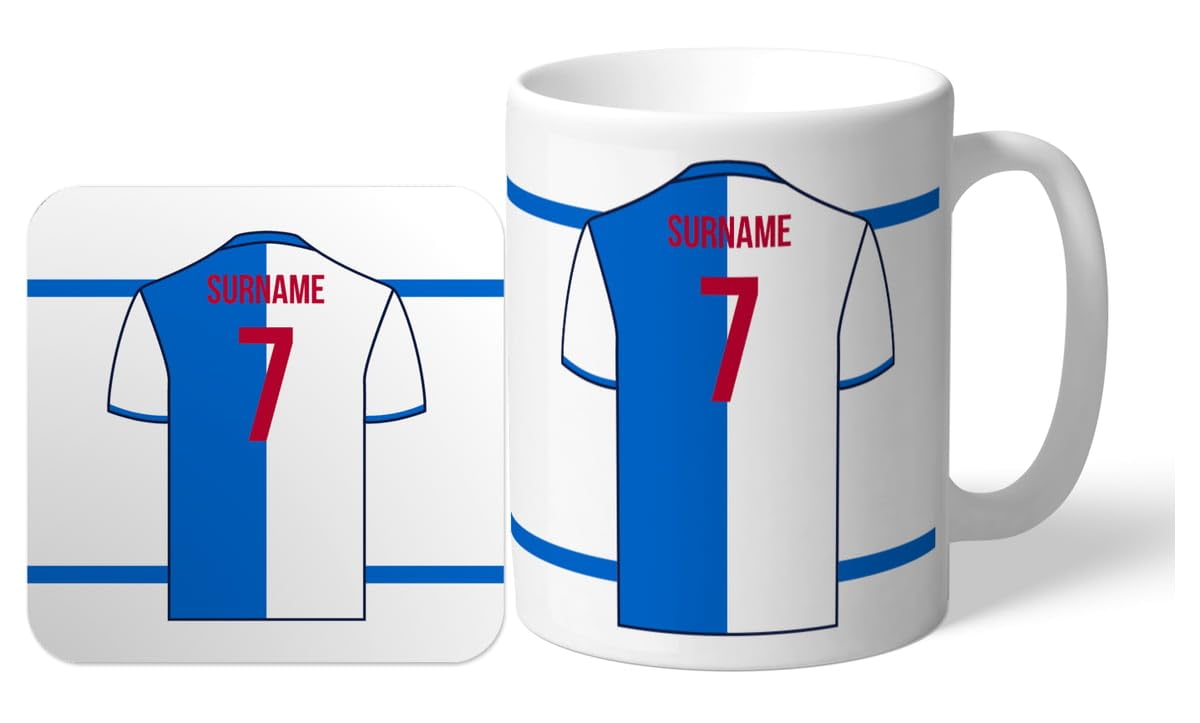 Personalised 'Back of Shirt' 11oz Mug & Coaster Set for Blackburn Rovers FC supporters, officially licensed, with club colours, ideal for Blackburn Rovers fans