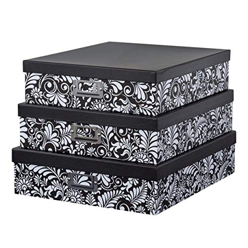 Soul & Lane Modern Botanical Decorative Cardboard Boxes with Lids, Set of 3 Black and White Floral Letter Storage for Documents, Memory Boxes for Keepsakes, Photos, Scrapbooks