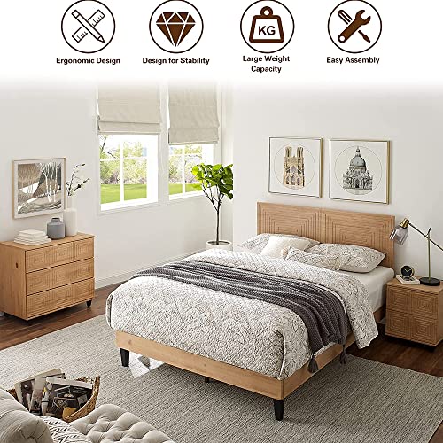 Musehomeinc Mid Century Modern Solid Wood Platform Bed,Full Size Bed Frame With Adjustable Height Headboard, Wood Slat Support Bed Frame, Bed Frame No Box Spring Needed #TOP6
