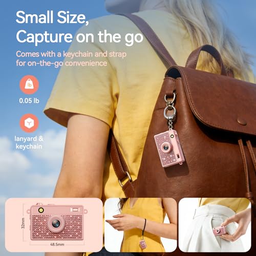 Image of HOTU Mini Keychain Camera, 2K 20 MP Bling Mini Digital Camera with 16G Card for Travel and Vlog, Long Battery Life, Photo Video Camera Compact and Portable for Kids, Teens, Rose Gold