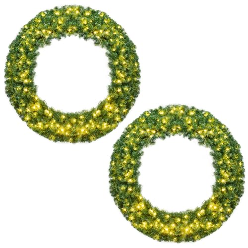 Goplus 48 Inch Large Pre-Lit Christmas Wreath, 2 Pack Battery Operated Winter Wreaths for Front Door with 200 LED Lights and Timer, Lighted Artificial Xmas Wreath for Windows Wall Mantel Home Decor