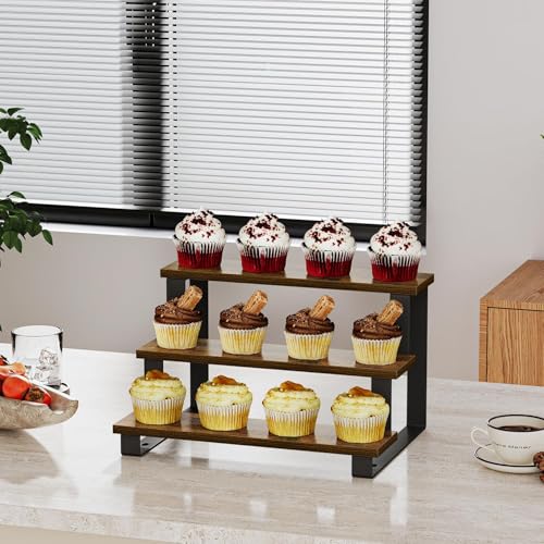Image of YINMIT Wooden Display Riser Stand,15.75 Inch Tiered Perfume and Cologne Organizer Stand, 3 Tier Spice Rack Organizer, Rustic Display Shelf for Cupcake, Figures, Candles (3 Tier Brown,15.75 In)