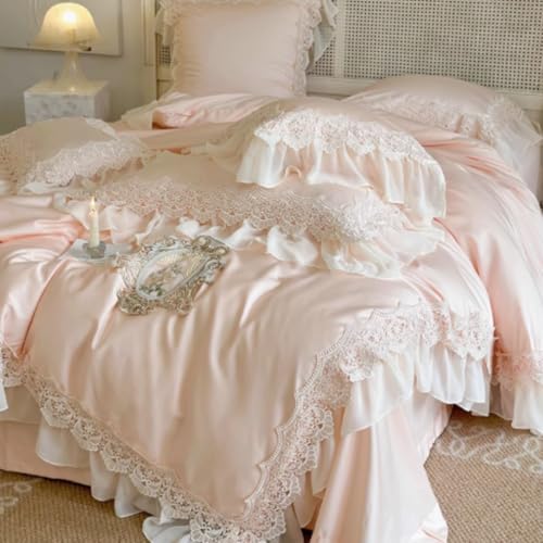 Jidanmian Vintage Chic Ruffle Lace Bedspread，Boho Bed Cover Set，Cotton,Farmhouse Bedding,Elegant and Romantic,for All Season, 4 Pieces(Pink,A)
