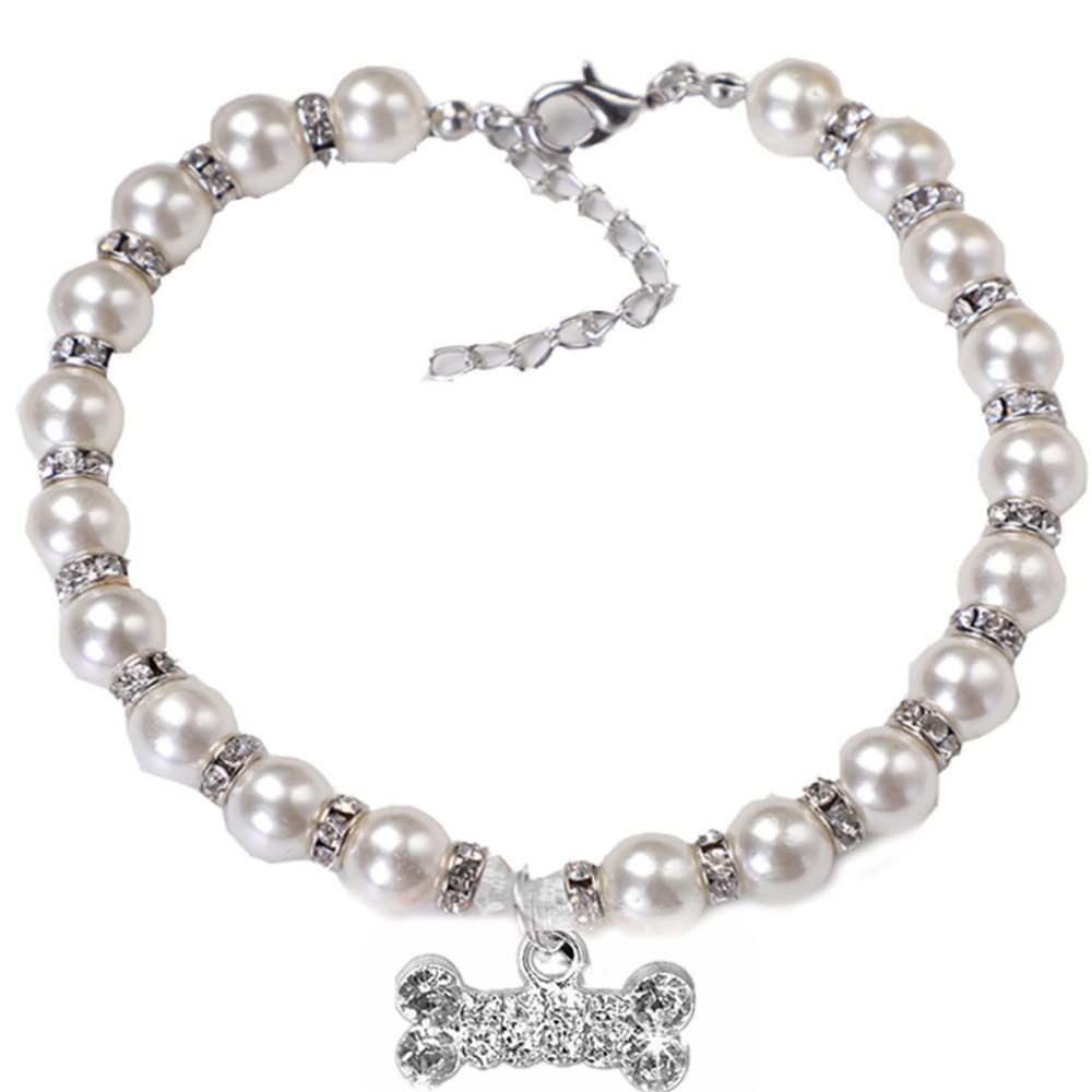 RayMinsino Pet Pearl Necklace Adjustable Diamond-Studded Dog Bone Pendant Dog Jewelry Collar