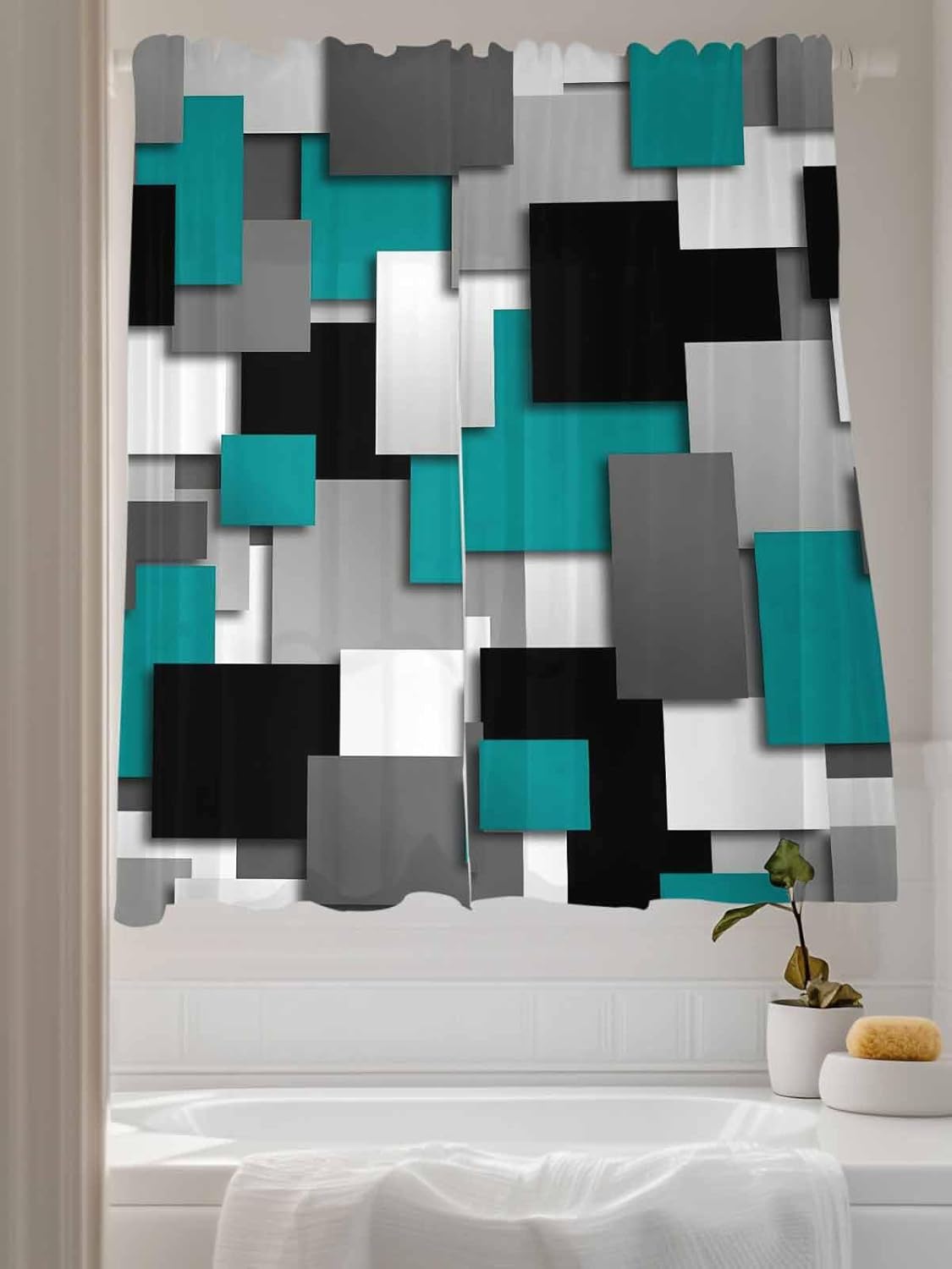 Libaoge Sheer Curtains 63 Inch Long Geometric 3D Abstract Teal Black Gray Square Pattern Rod Pocket Voile Semi-Sheer Window Treatment Drapes for Bedroom Nursery Room Windows 2 Panels 52" Wx63 L