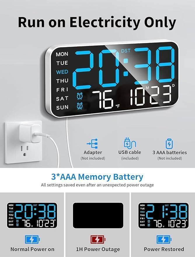 Image of Niyam 9 inch LED Digital Plastic Wall Clock with Date, Day, Temperature, Dual Alarms, Voice Control, Adjustable Brightness, USB Powered Ideal for Bedroom, Office and Home Decor(Orage Digit, White 6659)