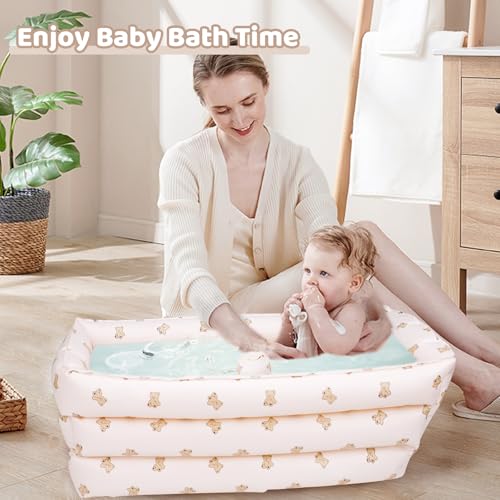 Image of AirSwim Inflatable Baby Bathtub with Built-in Air Pump, Portable Bathtub for Babies 0-5 Years Old, Small Ball Pool, Foldable Bath Tub for Travel, 30.7 x 14.6 Inch (Bear)