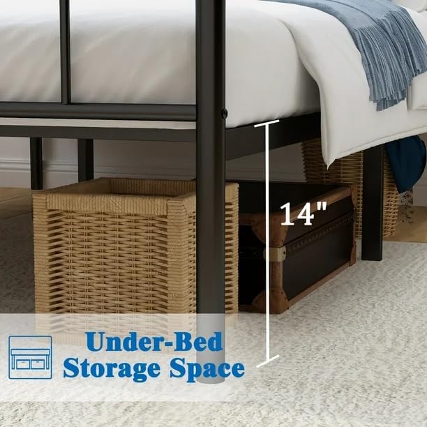 Miniatura 3 de Marco de cama de plataforma de metal, marco de cama matrimonial de 14 pulgadas con almacenamiento debajo de la cama, soporte de colchón de listones