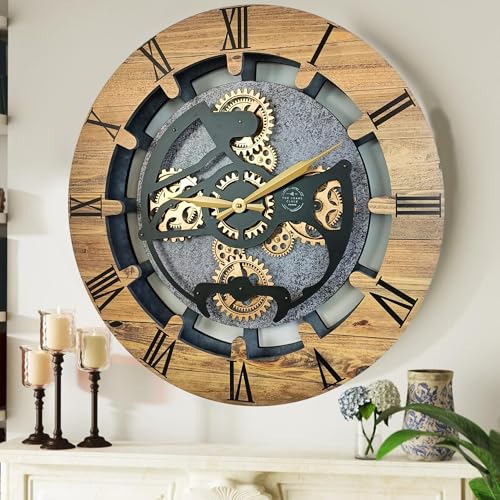 THE GEARS CLOCK Horloge murale avec engrenages mobiles Ligne Canada ronde 61 cm (bois et pierre, 60 cm)