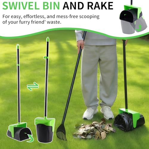 Image of ienjoyed 43 inch Tall Pooper Scooper Large Swivel Bin & Rake with 100 Waste Bags,Heavy Duty Dog Pooper Scooper for Dogs, Long Handle Poop Scooper with Lid for Yard, Grass, Gravel (Green)
