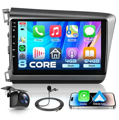 Image of 8 CORE 4G+64G Car Radio Stereo for Honda Civic 2012-2015 with Wireless CarPlay /Android Auto, 9 Inch 1280 * 720P IPS Touch Screen Android 13 GPS WiFi Bluetooth DSP SWC HD Backup Camera