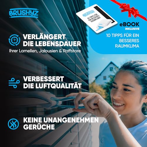 BRUSHYZ® Lamellenreiniger Bürste für effiziente Lamellen Reinigung von Raffstore und Jalousie außen & innen - Raffstore Reinigungsbürste - Jalousie Reiniger - Lamellenreinigungszange inkl. 2 Pads