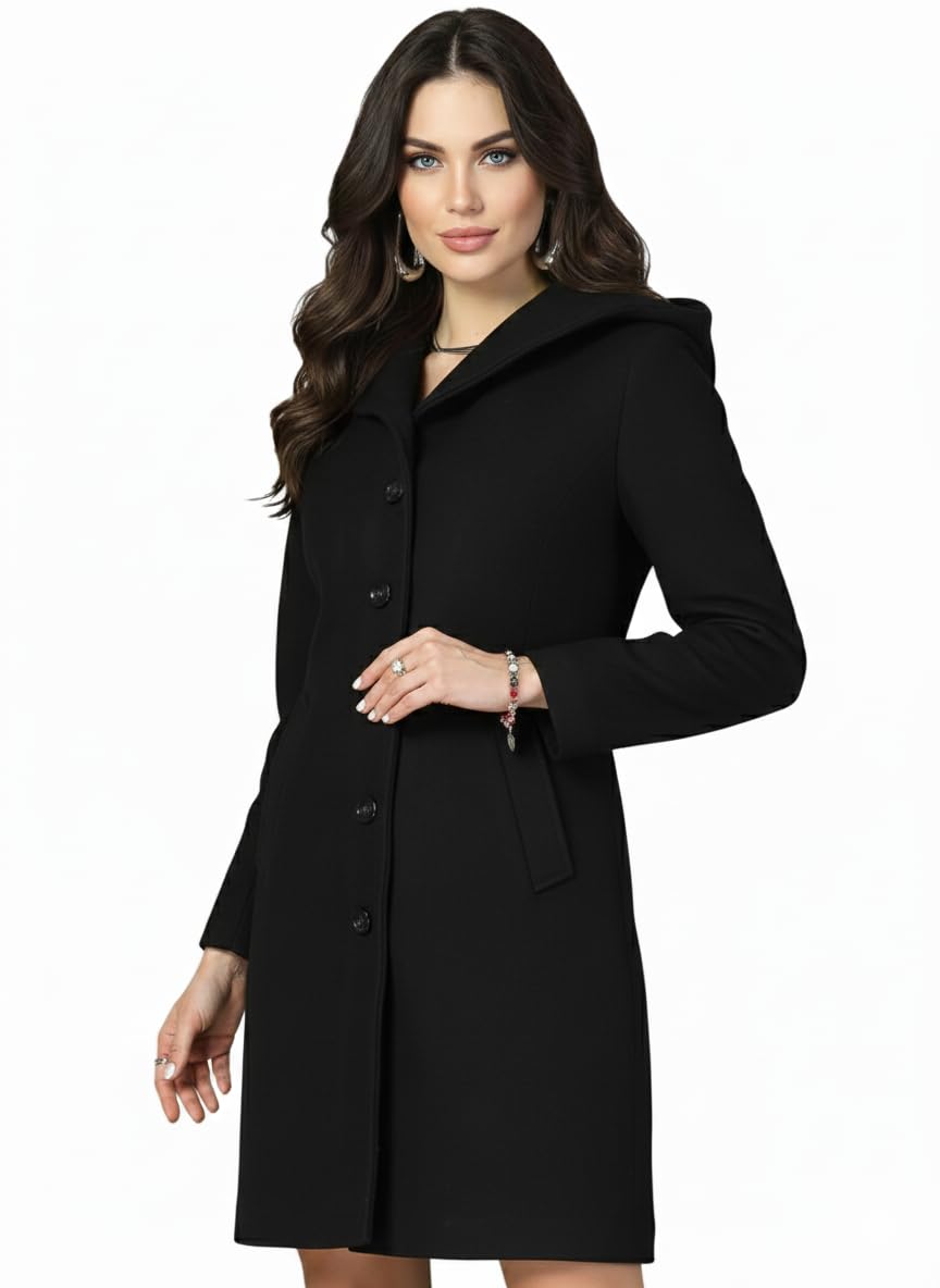 Women Chic Winter Coat Single Breasted | Knee Length Design with Buttoned Closure and Practical Front Side Pockets for Stylish and Comfortable Wear Black S